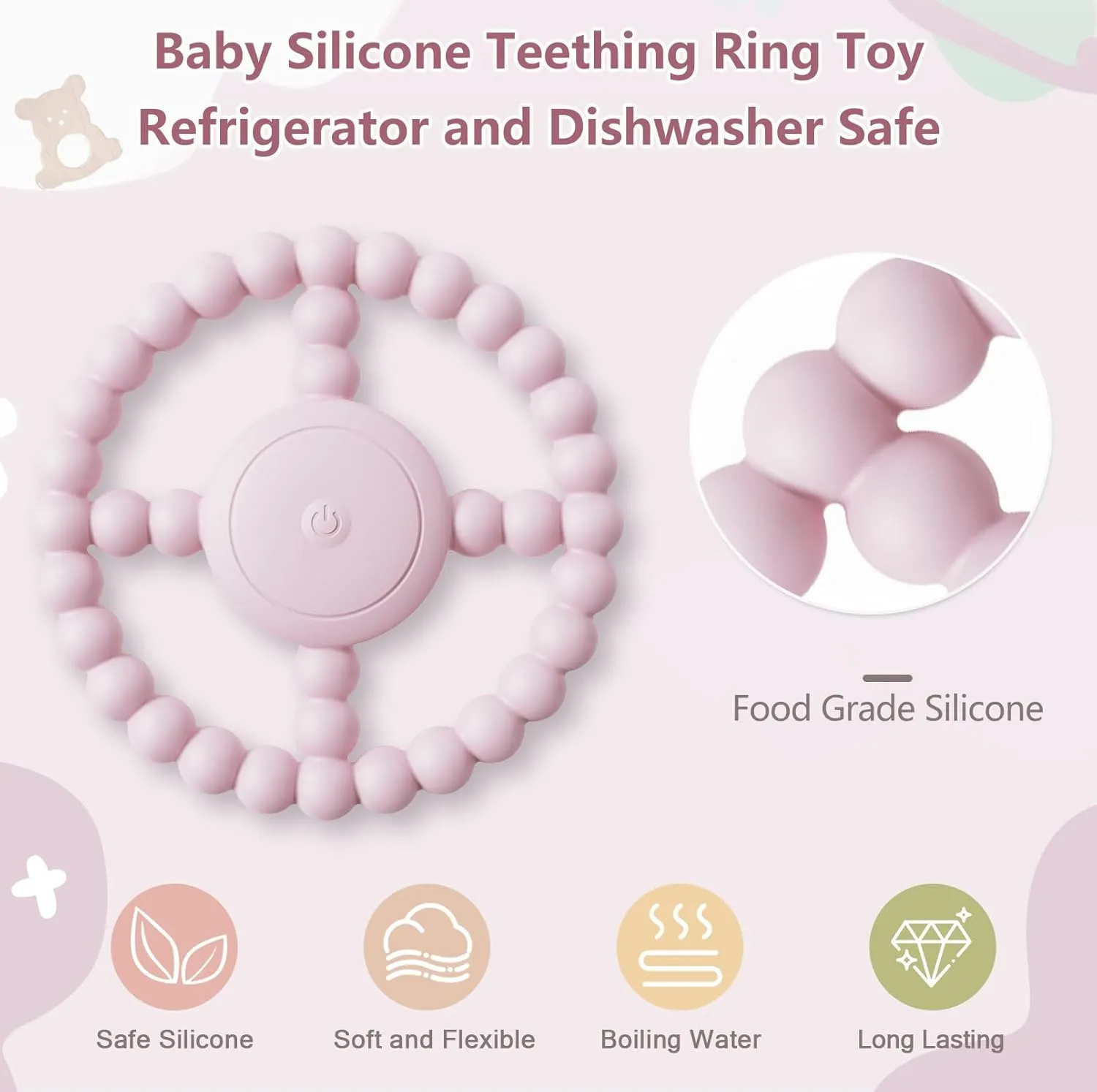 Vibrating Sensory Teething Toys, Soothing Chew Ring for Babies 6-18 Months, Autism Support & Oral Development, USB Rechargeable Teether for Toddlers, 1-2 Year Old Boys Girls Gifts idea (Pink)