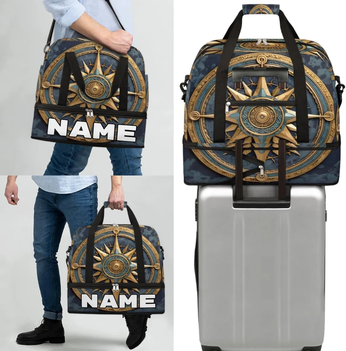 Vintage Compass Painted Custom Foldable Duffle Bag with Shoes Compartment Personalized Large Capacity Waterproof Travel Weekender Bag Overnight Bag for Sports Gym