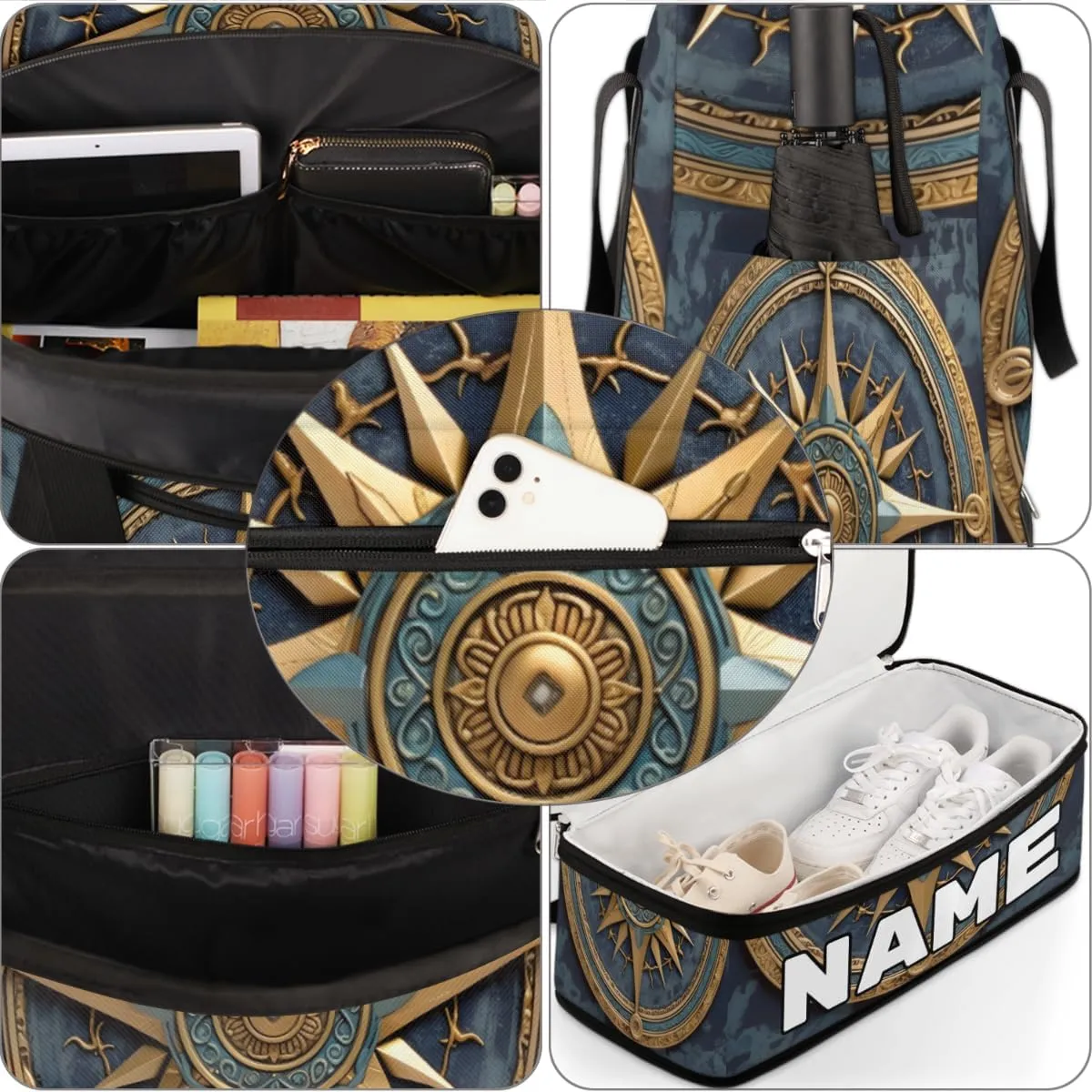 Vintage Compass Painted Custom Foldable Duffle Bag with Shoes Compartment Personalized Large Capacity Waterproof Travel Weekender Bag Overnight Bag for Sports Gym