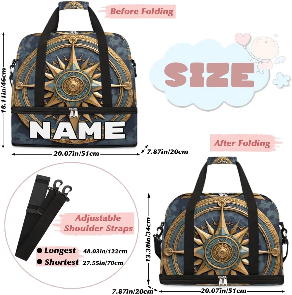 Vintage Compass Painted Custom Foldable Duffle Bag with Shoes Compartment Personalized Large Capacity Waterproof Travel Weekender Bag Overnight Bag for Sports Gym
