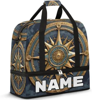 Vintage Compass Painted Custom Foldable Duffle Bag with Shoes Compartment Personalized Large Capacity Waterproof Travel Weekender Bag Overnight Bag for Sports Gym