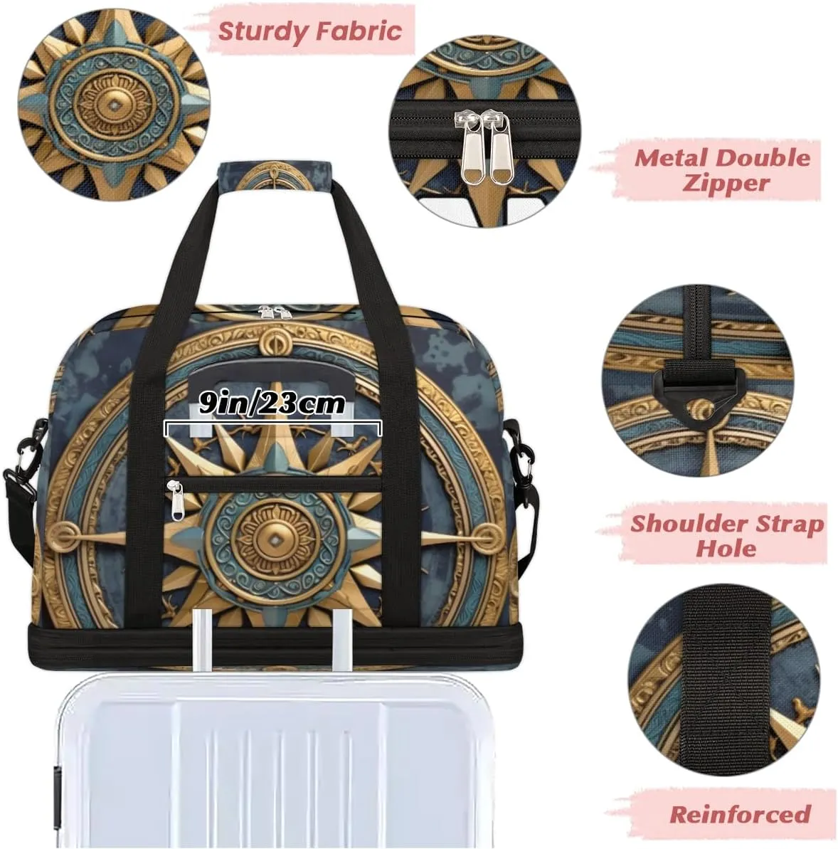 Vintage Compass Painted Custom Foldable Duffle Bag with Shoes Compartment Personalized Large Capacity Waterproof Travel Weekender Bag Overnight Bag for Sports Gym