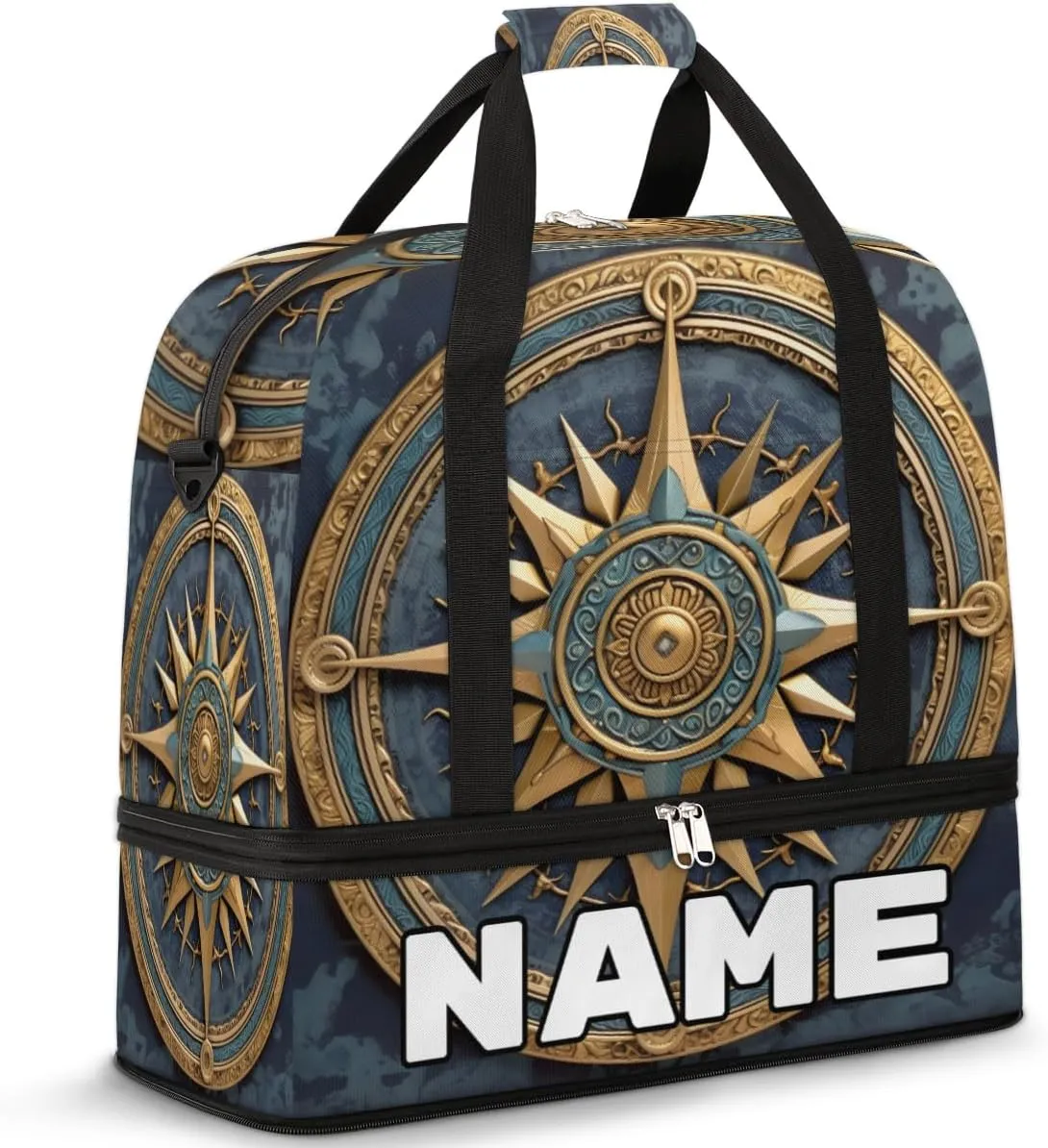 Vintage Compass Painted Custom Foldable Duffle Bag with Shoes Compartment Personalized Large Capacity Waterproof Travel Weekender Bag Overnight Bag for Sports Gym