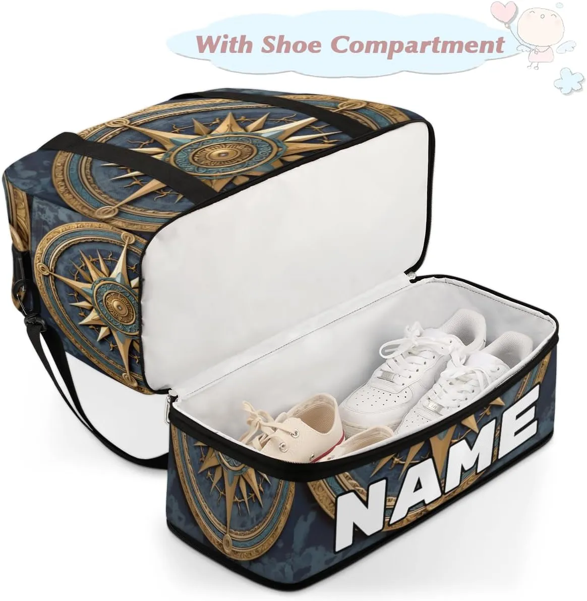 Vintage Compass Painted Custom Foldable Duffle Bag with Shoes Compartment Personalized Large Capacity Waterproof Travel Weekender Bag Overnight Bag for Sports Gym