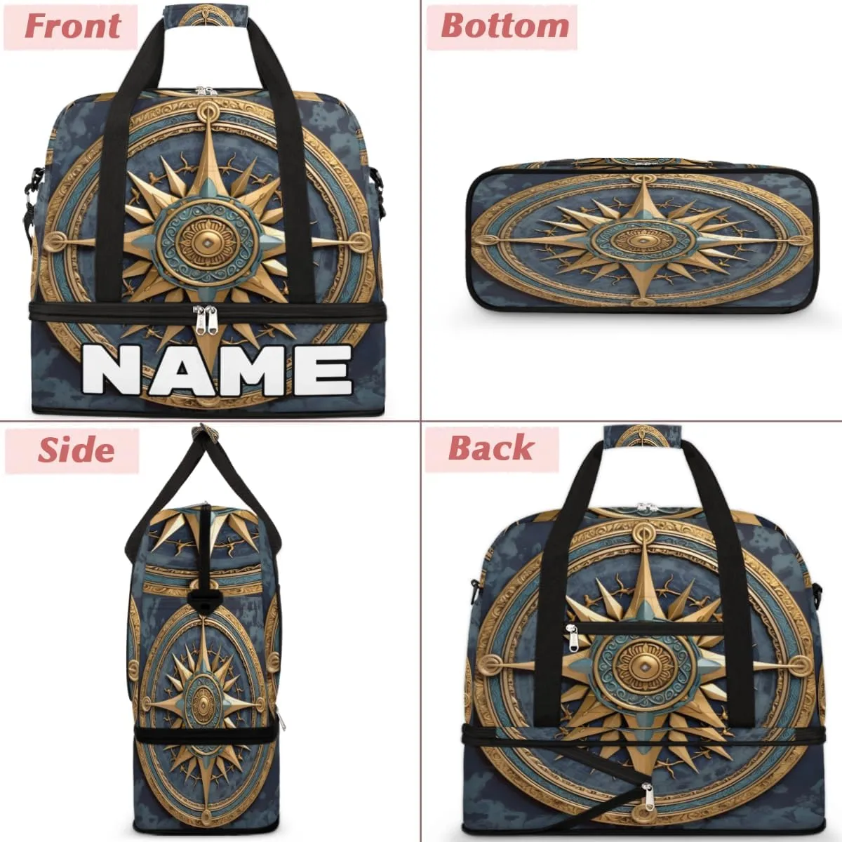 Vintage Compass Painted Custom Foldable Duffle Bag with Shoes Compartment Personalized Large Capacity Waterproof Travel Weekender Bag Overnight Bag for Sports Gym