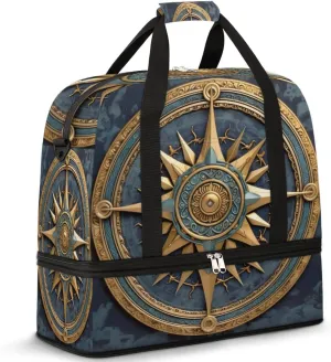 Vintage Compass Painted Foldable Duffle Bag with Shoes Compartment Large Capacity Waterproof Travel Weekender Bag Overnight Bag for Sports Gym