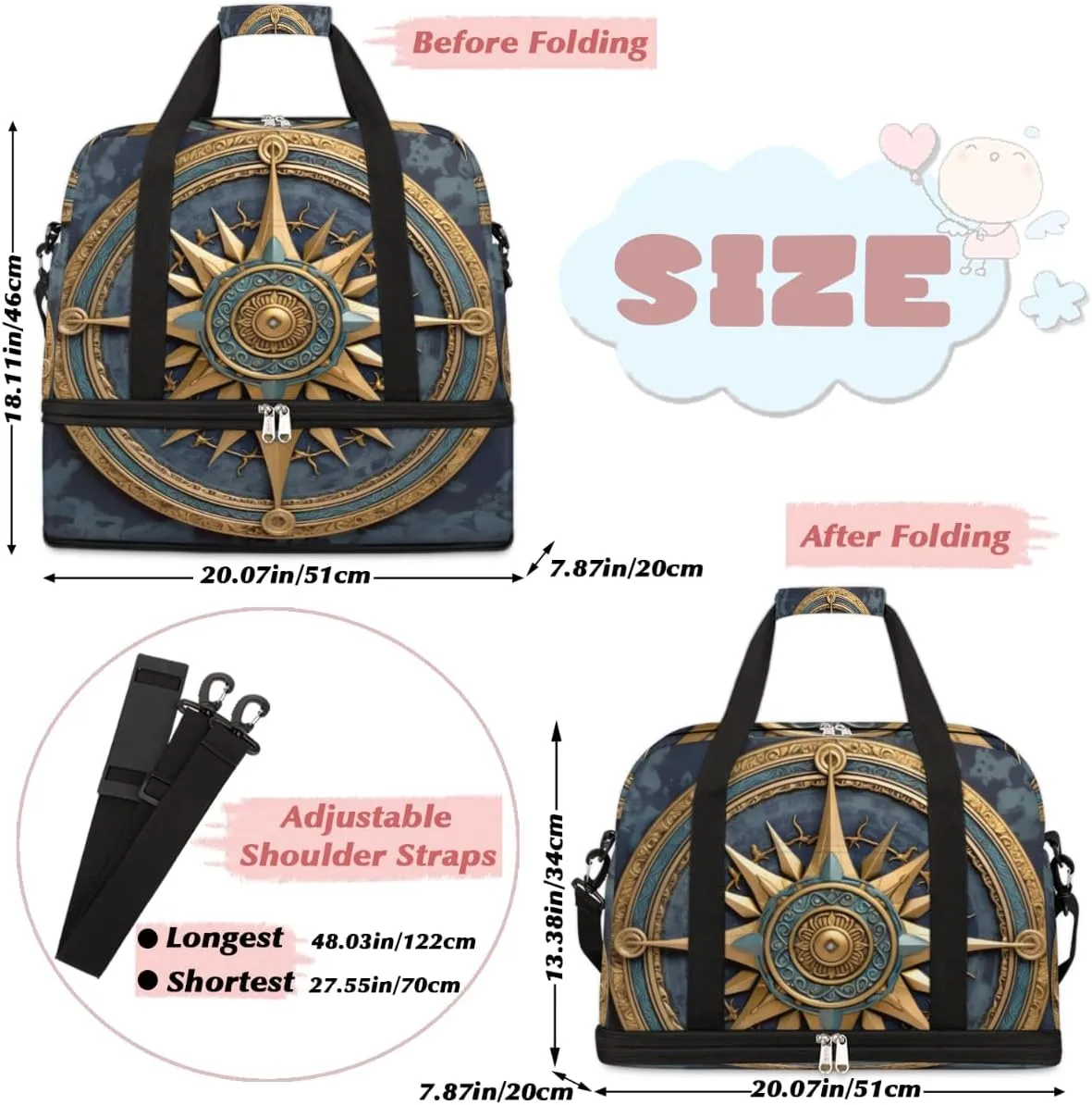 Vintage Compass Painted Foldable Duffle Bag with Shoes Compartment Large Capacity Waterproof Travel Weekender Bag Overnight Bag for Sports Gym