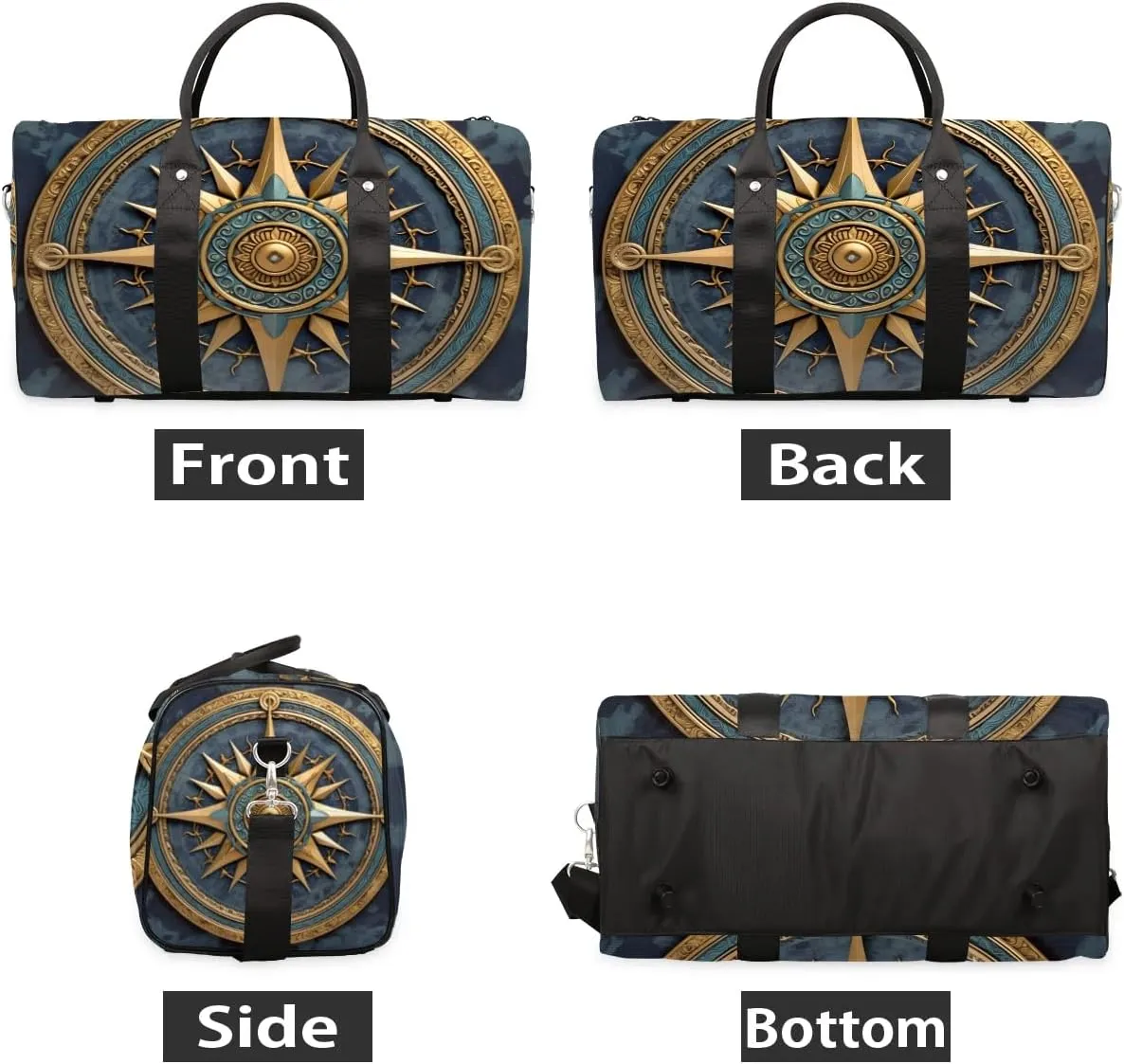 Vintage Compass Painted Travel Duffel Bag for Women Men Waterproof Foldable Overnight Weekender Bag Large Capacity Sports Gym Bag