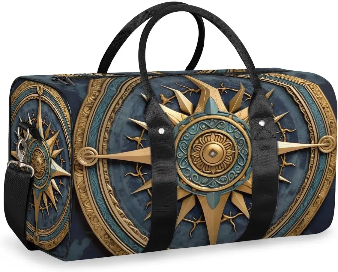 Vintage Compass Painted Travel Duffel Bag for Women Men Waterproof Foldable Overnight Weekender Bag Large Capacity Sports Gym Bag