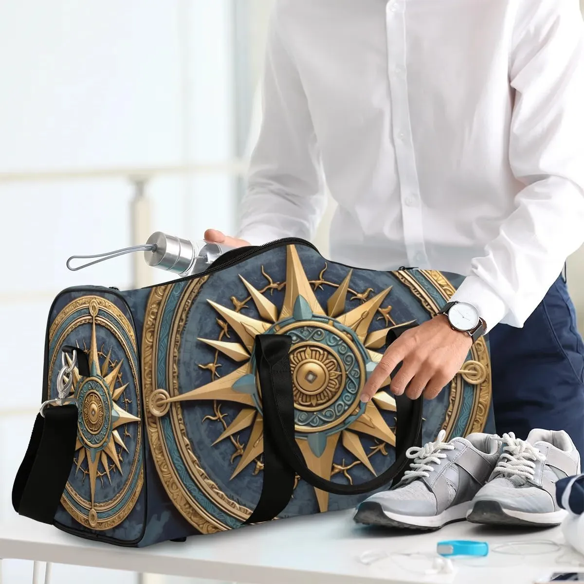 Vintage Compass Painted Travel Duffel Bag for Women Men Waterproof Foldable Overnight Weekender Bag Large Capacity Sports Gym Bag