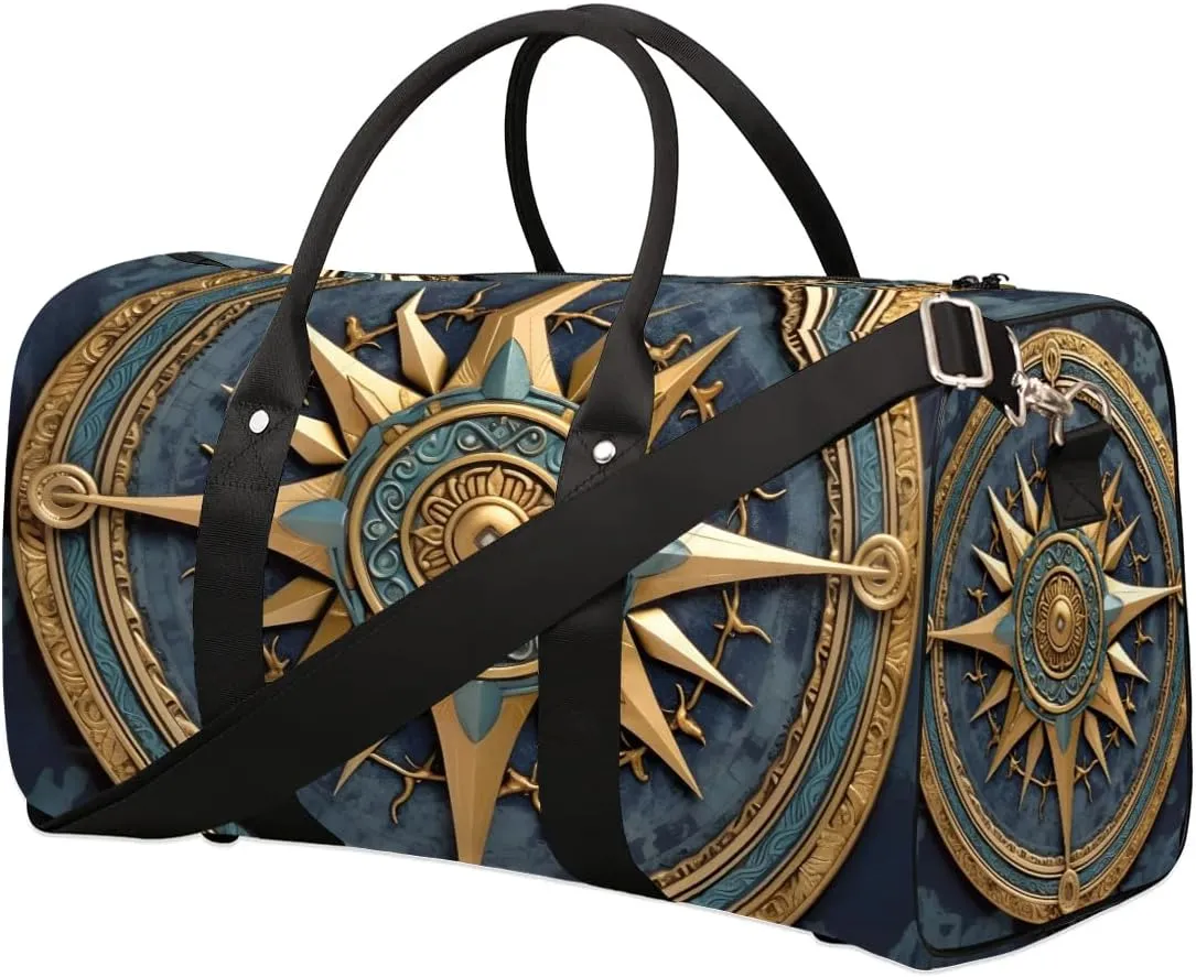 Vintage Compass Painted Travel Duffel Bag for Women Men Waterproof Foldable Overnight Weekender Bag Large Capacity Sports Gym Bag
