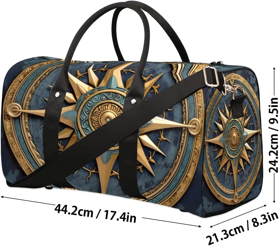 Vintage Compass Painted Travel Duffel Bag for Women Men Waterproof Foldable Overnight Weekender Bag Large Capacity Sports Gym Bag