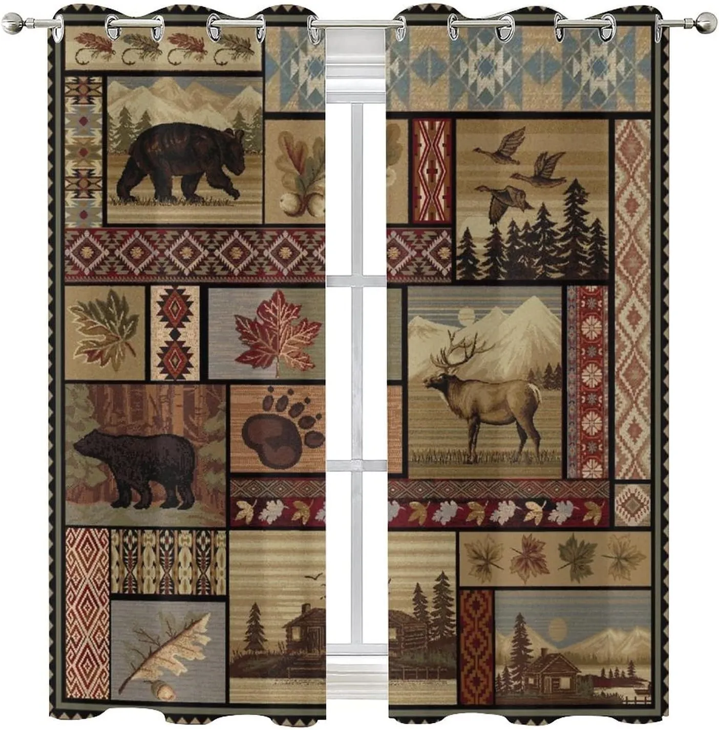 Vintage Deer Bear Farmhouse Ultra Soft Premier Blackout Curtains,Retro Cabin Lake Country Lodge MooseThermal Insulated Bedroom Noise Reducing Patio Door Grommet Top,2 Panels 45L x 21W