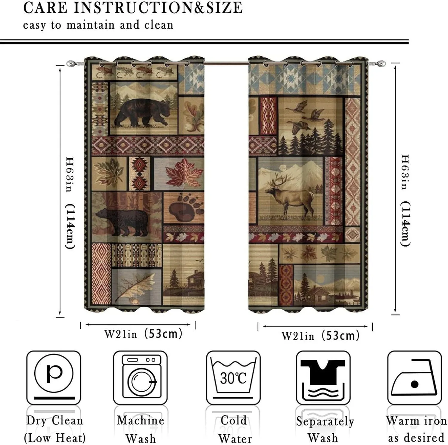 Vintage Deer Bear Farmhouse Ultra Soft Premier Blackout Curtains,Retro Cabin Lake Country Lodge MooseThermal Insulated Bedroom Noise Reducing Patio Door Grommet Top,2 Panels 45L x 21W