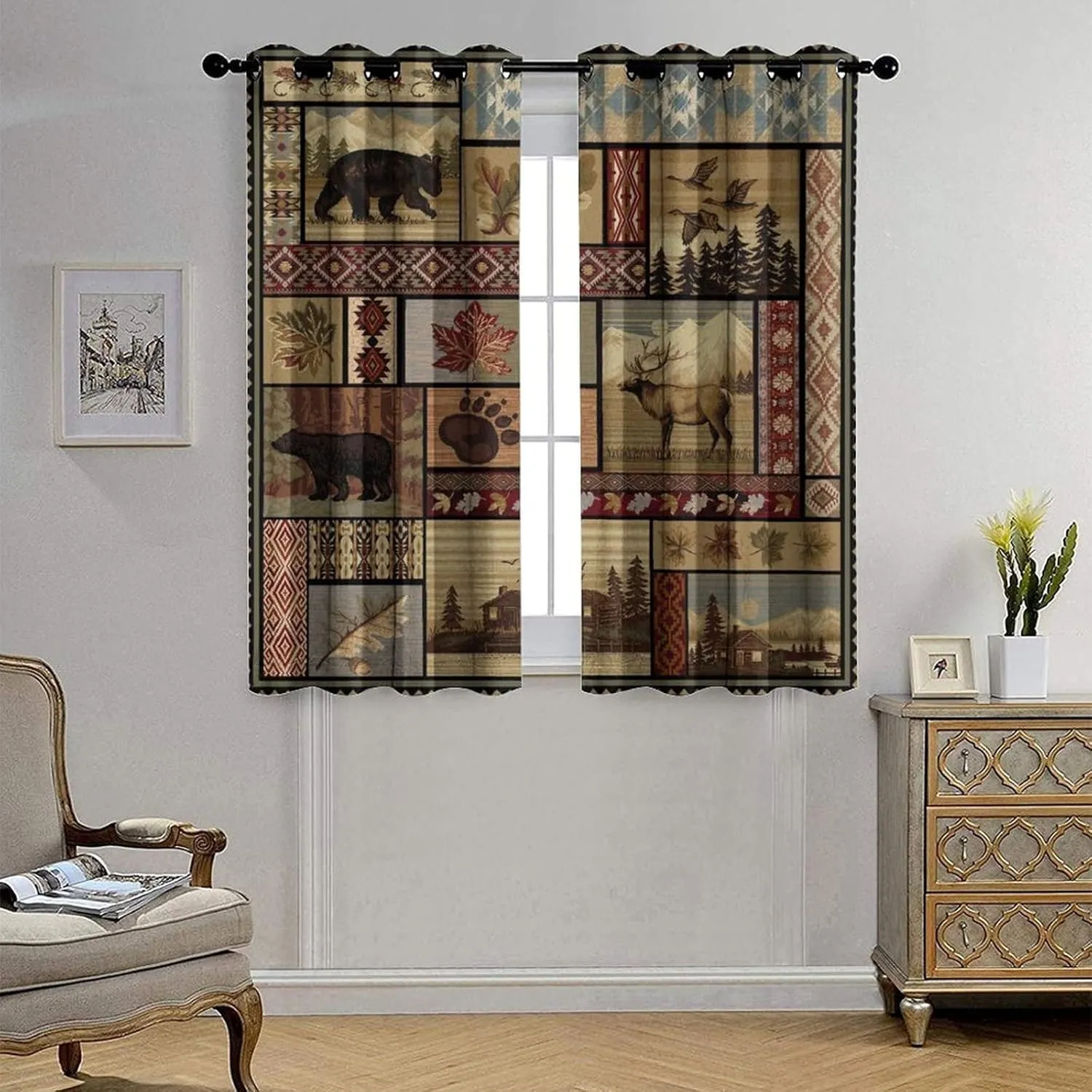 Vintage Deer Bear Farmhouse Ultra Soft Premier Blackout Curtains,Retro Cabin Lake Country Lodge MooseThermal Insulated Bedroom Noise Reducing Patio Door Grommet Top,2 Panels 45L x 21W