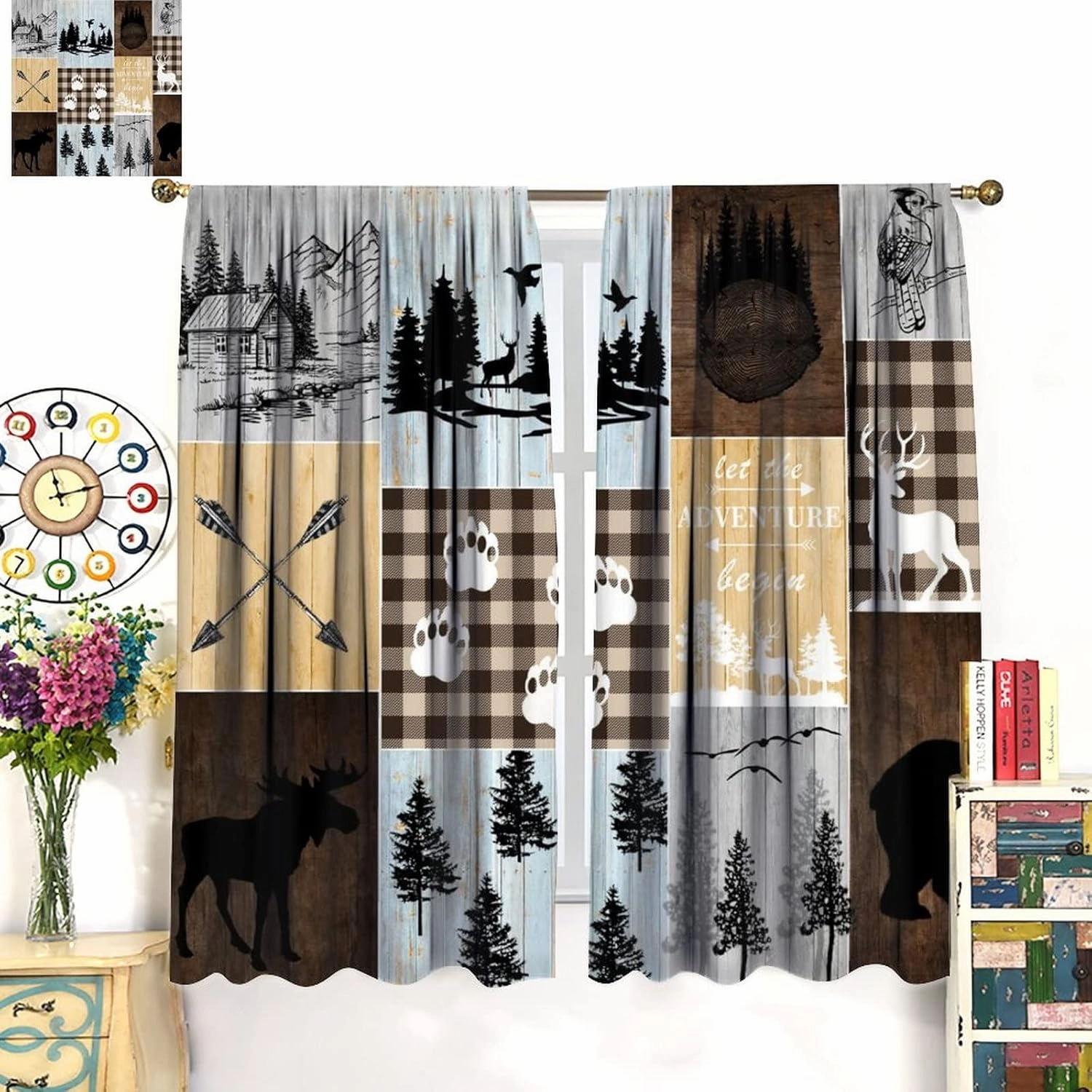 Vintage Bear Moose Curtains, Rustic Country Lodge Forest Silhouette Wood Panel Background Home Bedroom Living Room Kitchen Window Drape 42x45 Inch, Brown-2