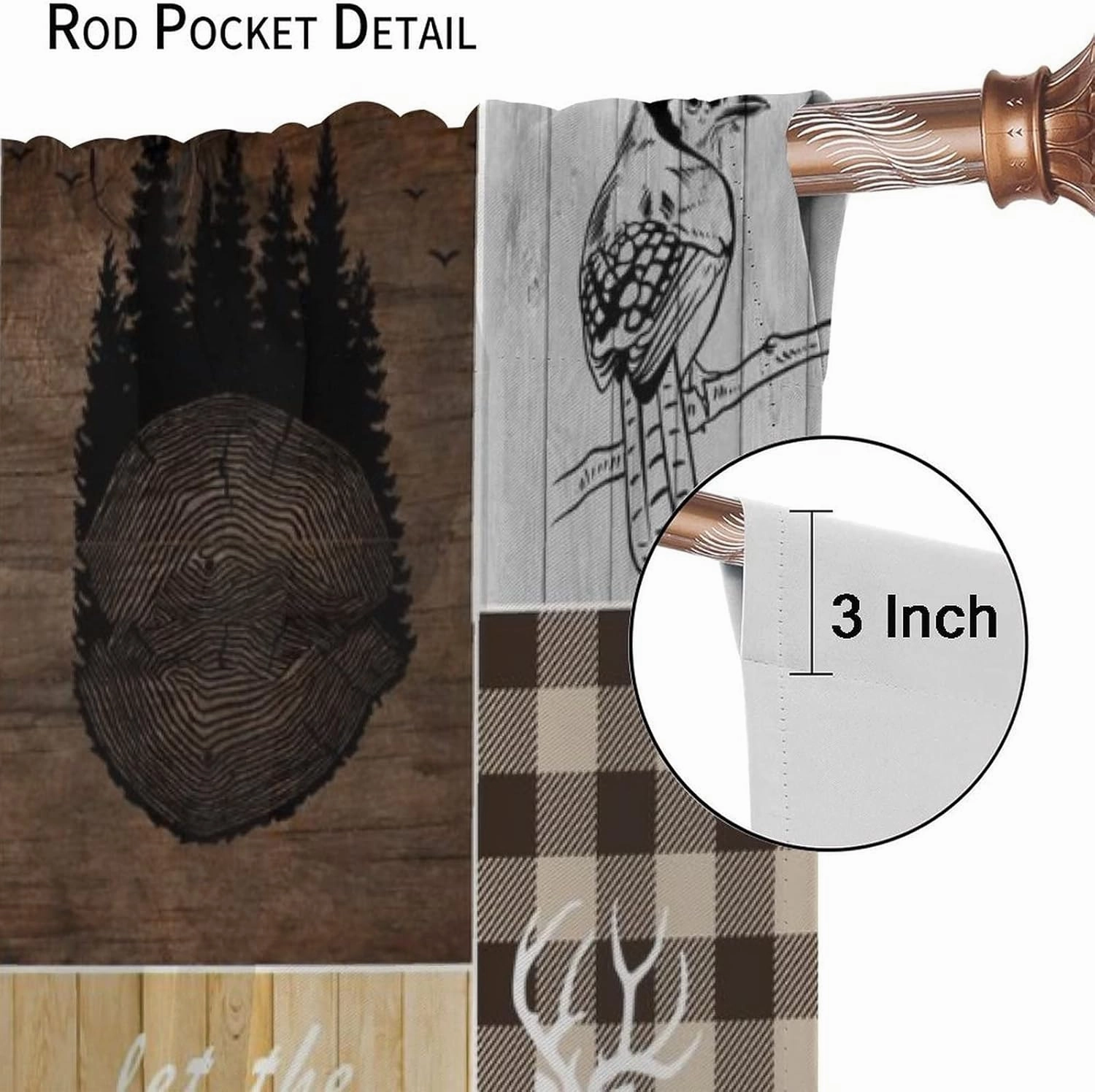 Vintage Bear Moose Curtains, Rustic Country Lodge Forest Silhouette Wood Panel Background Home Bedroom Living Room Kitchen Window Drape 42x45 Inch, Brown-2