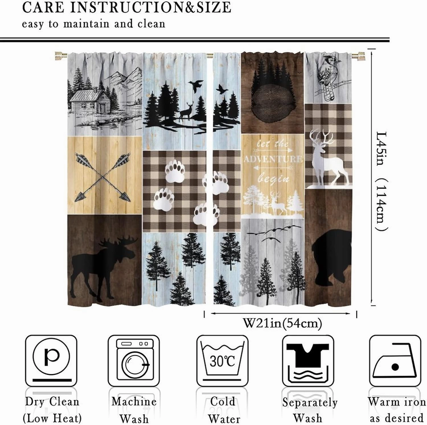 Vintage Bear Moose Curtains, Rustic Country Lodge Forest Silhouette Wood Panel Background Home Bedroom Living Room Kitchen Window Drape 42x45 Inch, Brown-2