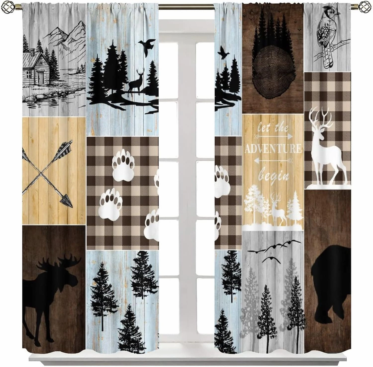 Vintage Bear Moose Curtains, Rustic Country Lodge Forest Silhouette Wood Panel Background Home Bedroom Living Room Kitchen Window Drape 42x45 Inch, Brown-2