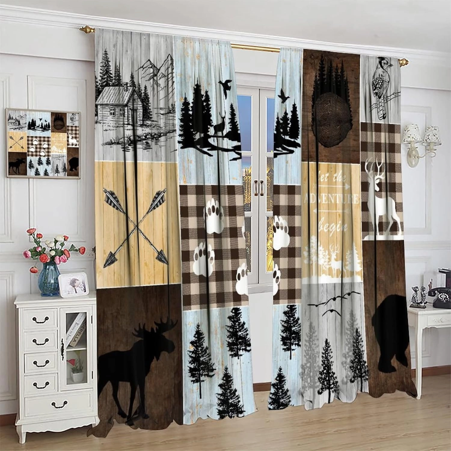 Vintage Bear Moose Curtains, Rustic Country Lodge Forest Silhouette Wood Panel Background Home Bedroom Living Room Kitchen Window Drape 42x45 Inch, Brown-2