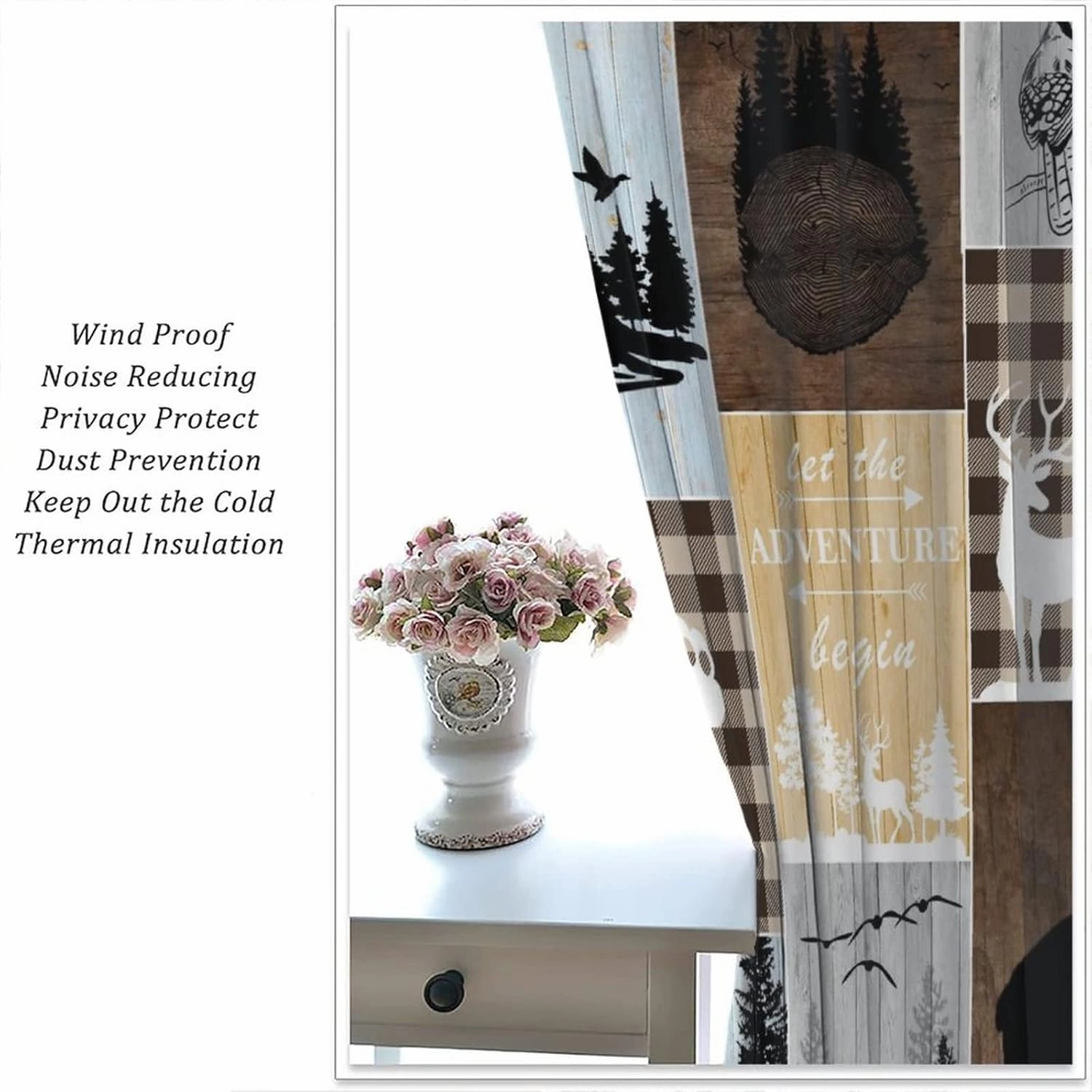 Vintage Bear Moose Curtains, Rustic Country Lodge Forest Silhouette Wood Panel Background Home Bedroom Living Room Kitchen Window Drape 42x45 Inch, Brown-2