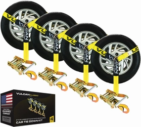 VULCAN Car Tie Down with Snap Hooks - Lasso Style - 2 Inch x 96 Inch - 4 Pack - Classic Yellow - 3,300 Pound Safe Working Load