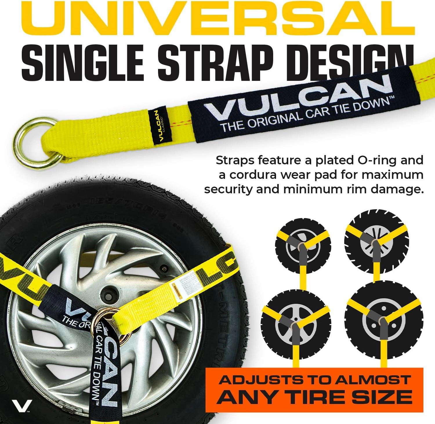 VULCAN Car Tie Down with Snap Hooks - Lasso Style - 2 Inch x 96 Inch - 4 Pack - Classic Yellow - 3,300 Pound Safe Working Load