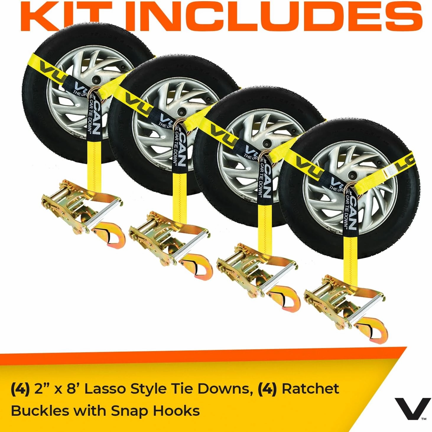VULCAN Car Tie Down with Snap Hooks - Lasso Style - 2 Inch x 96 Inch - 4 Pack - Classic Yellow - 3,300 Pound Safe Working Load