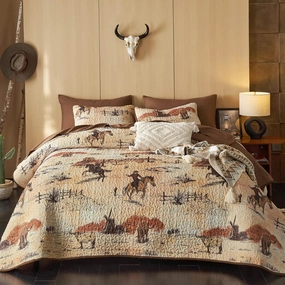 Wake In Cloud - Western Quilt Set, Cowboy Southwestern Country Vintage Native American Rustic Ranch Life, Reversible Lightweight Bedspread Coverlet, 3 Pieces, Ochre Brown, Queen/Full Size