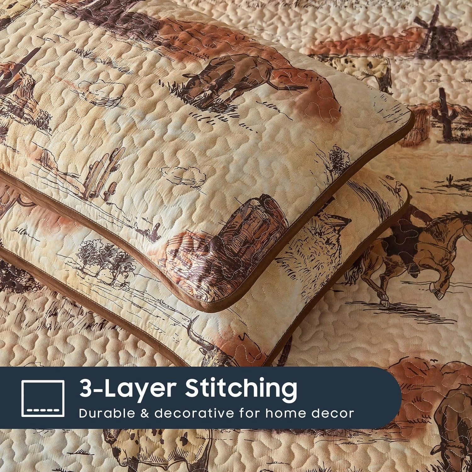 Wake In Cloud - Western Quilt Set, Cowboy Southwestern Country Vintage Native American Rustic Ranch Life, Reversible Lightweight Bedspread Coverlet, 3 Pieces, Ochre Brown, Queen/Full Size