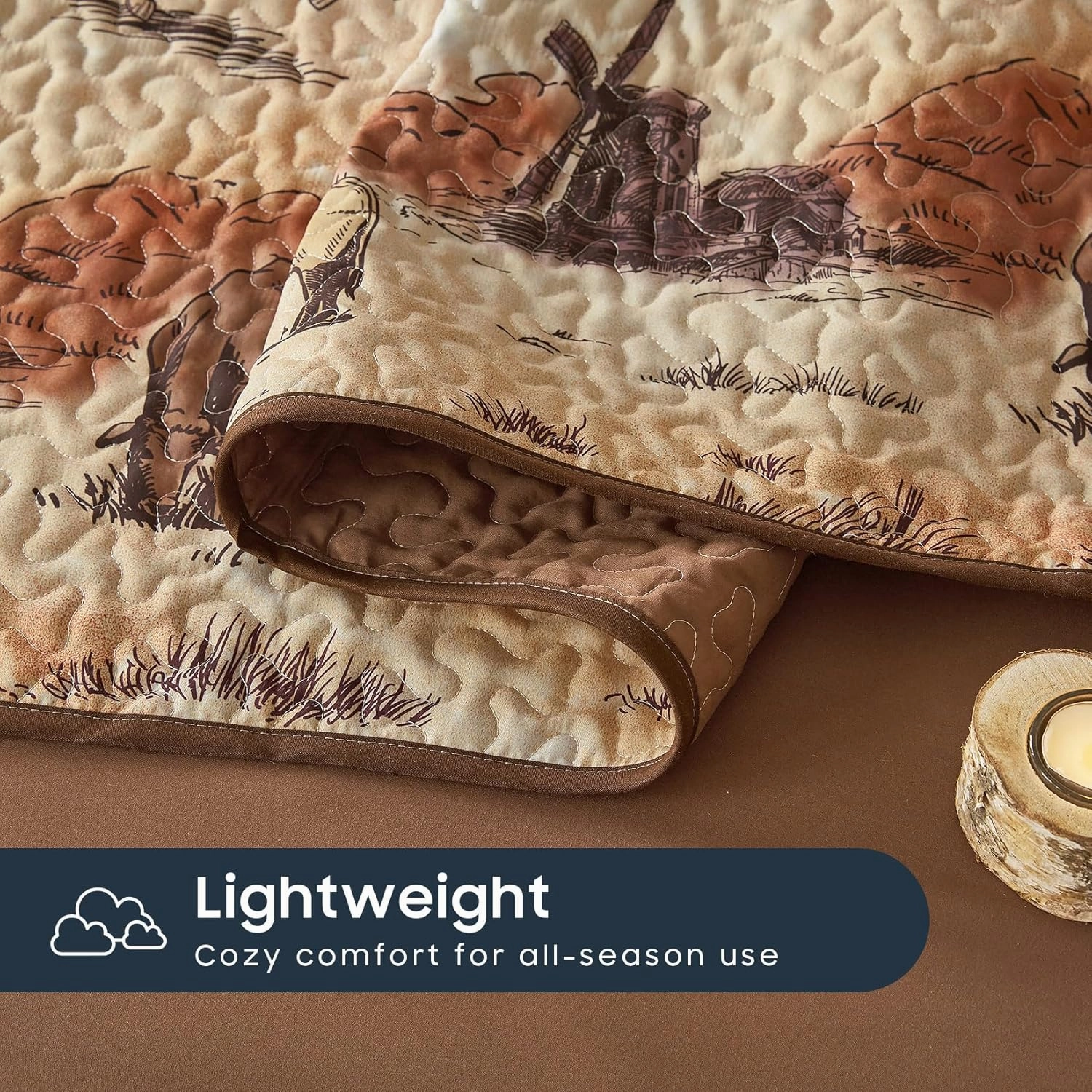 Wake In Cloud - Western Quilt Set, Cowboy Southwestern Country Vintage Native American Rustic Ranch Life, Reversible Lightweight Bedspread Coverlet, 3 Pieces, Ochre Brown, Queen/Full Size
