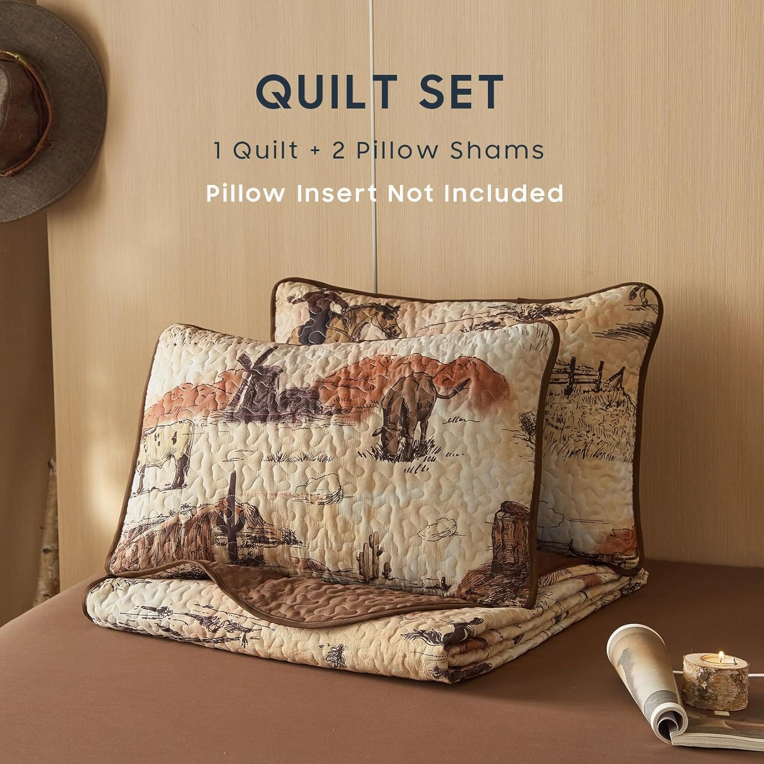 Wake In Cloud - Western Quilt Set, Cowboy Southwestern Country Vintage Native American Rustic Ranch Life, Reversible Lightweight Bedspread Coverlet, 3 Pieces, Ochre Brown, Queen/Full Size