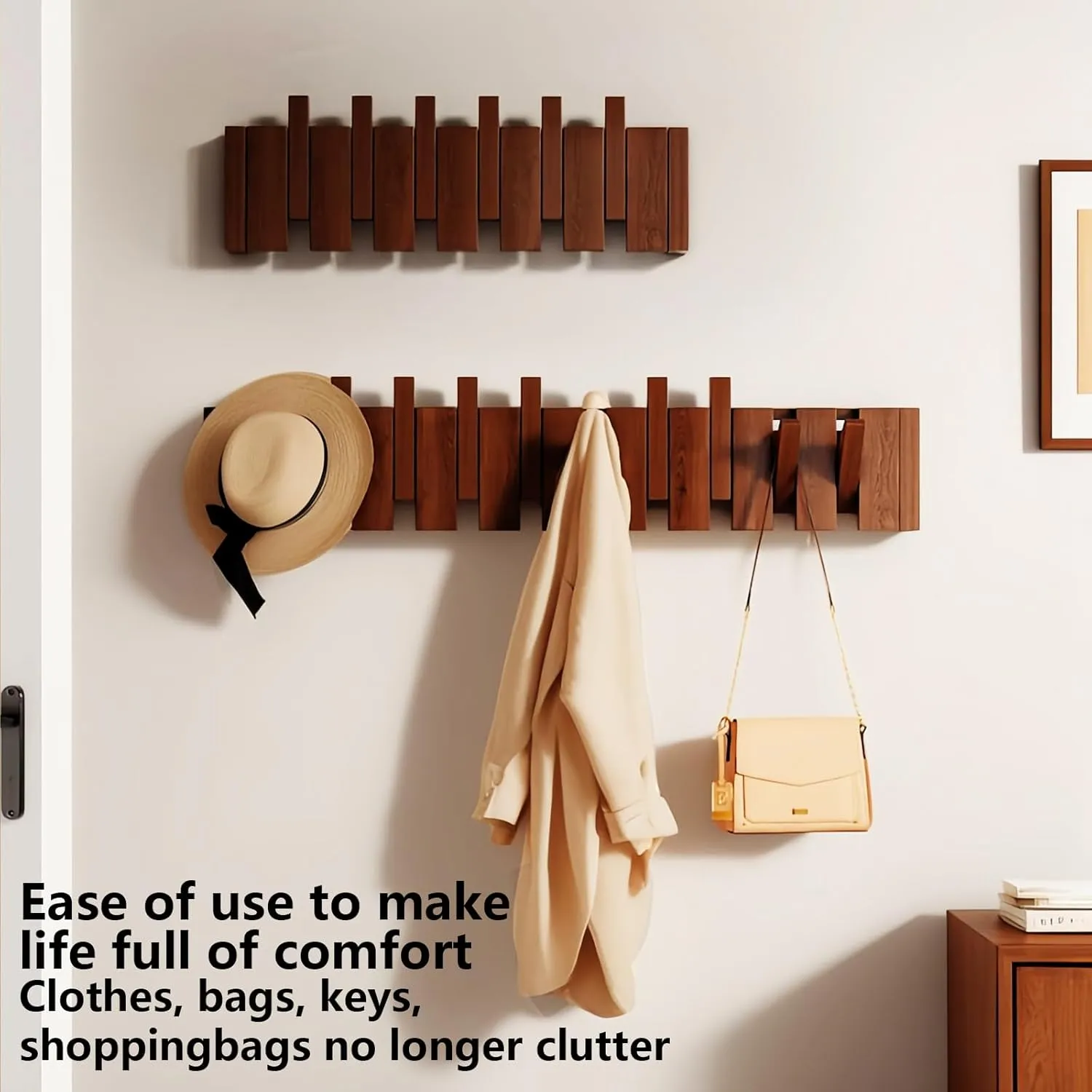 Walnut Paint-10 Hooks Wall Mounted Coat RackHooks Piano Key Hangers Natural Solid Wood Hanger Non-Woven Fabric Clothes Hangers for Closet, Kitchen, Bedroom, Bathroom, Entryway