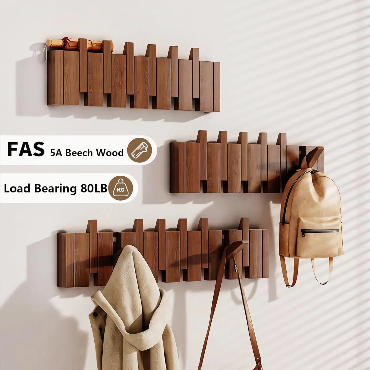 Walnut Paint-10 Hooks Wall Mounted Coat RackHooks Piano Key Hangers Natural Solid Wood Hanger Non-Woven Fabric Clothes Hangers for Closet, Kitchen, Bedroom, Bathroom, Entryway