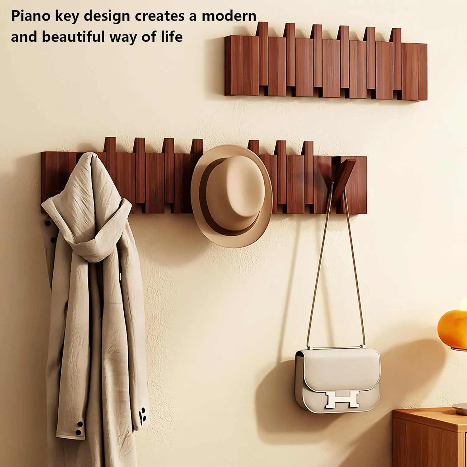 Walnut Paint-10 Hooks Wall Mounted Coat RackHooks Piano Key Hangers Natural Solid Wood Hanger Non-Woven Fabric Clothes Hangers for Closet, Kitchen, Bedroom, Bathroom, Entryway