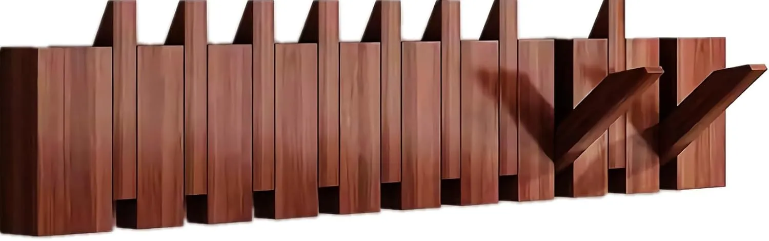 Walnut Paint-10 Hooks Wall Mounted Coat RackHooks Piano Key Hangers Natural Solid Wood Hanger Non-Woven Fabric Clothes Hangers for Closet, Kitchen, Bedroom, Bathroom, Entryway