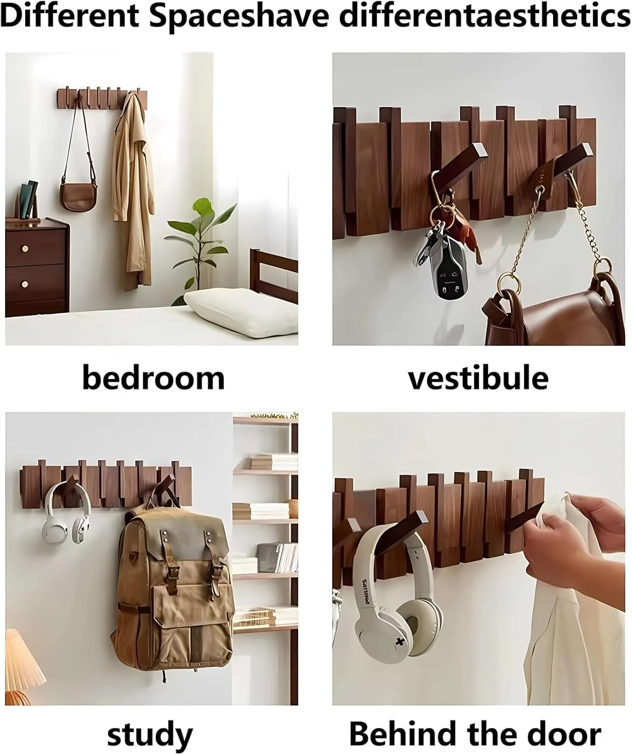 Walnut Paint-10 Hooks Wall Mounted Coat RackHooks Piano Key Hangers Natural Solid Wood Hanger Non-Woven Fabric Clothes Hangers for Closet, Kitchen, Bedroom, Bathroom, Entryway