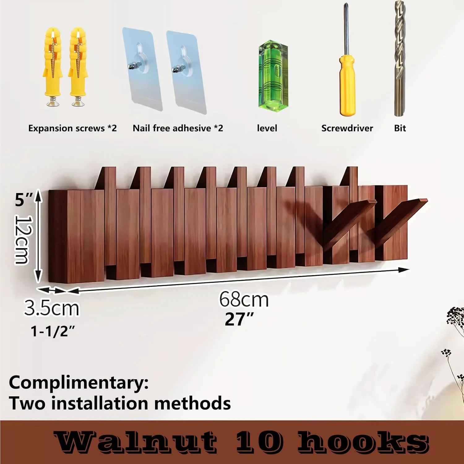 Walnut Paint-10 Hooks Wall Mounted Coat RackHooks Piano Key Hangers Natural Solid Wood Hanger Non-Woven Fabric Clothes Hangers for Closet, Kitchen, Bedroom, Bathroom, Entryway