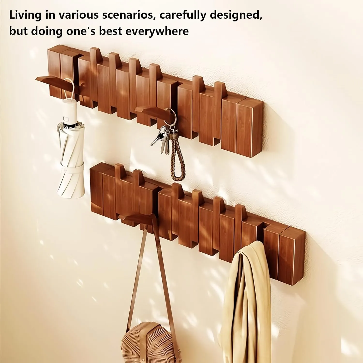 Walnut Paint-10 Hooks Wall Mounted Coat RackHooks Piano Key Hangers Natural Solid Wood Hanger Non-Woven Fabric Clothes Hangers for Closet, Kitchen, Bedroom, Bathroom, Entryway