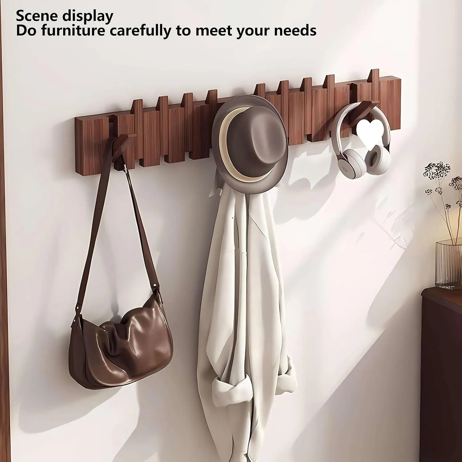 Walnut Paint-10 Hooks Wall Mounted Coat RackHooks Piano Key Hangers Natural Solid Wood Hanger Non-Woven Fabric Clothes Hangers for Closet, Kitchen, Bedroom, Bathroom, Entryway