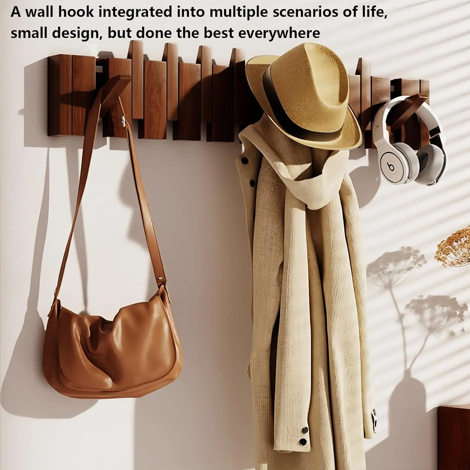 Walnut Paint-10 Hooks Wall Mounted Coat RackHooks Piano Key Hangers Natural Solid Wood Hanger Non-Woven Fabric Clothes Hangers for Closet, Kitchen, Bedroom, Bathroom, Entryway