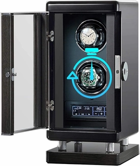 Watch Winder for 2 Automatic Watches with Super Quiet Motor Smart Fingerprint Switch LCD Touch Display with Remote Control Built-in LED Illuminated 6 Rotation Modes
