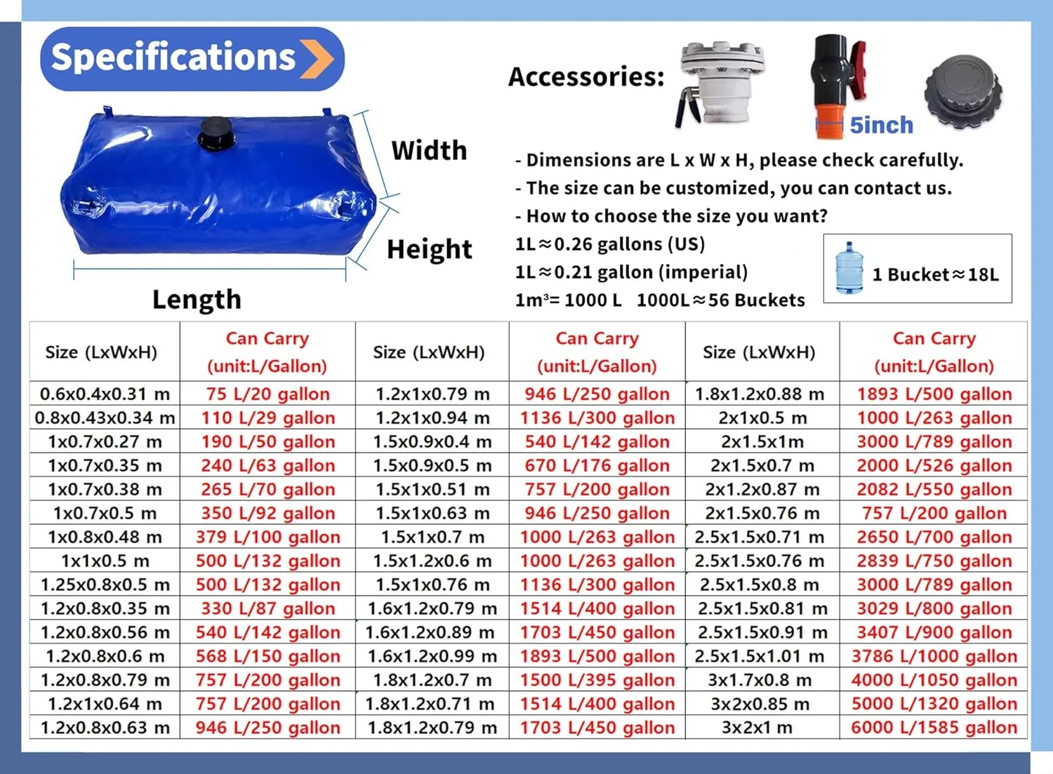 Water Storage Bladder，20-1500 Gallon Water Storage Tank,Large-Capacity Collapsible Rainwater Water Container Bag(5000L/1320Gal/3x2x0.85 m)