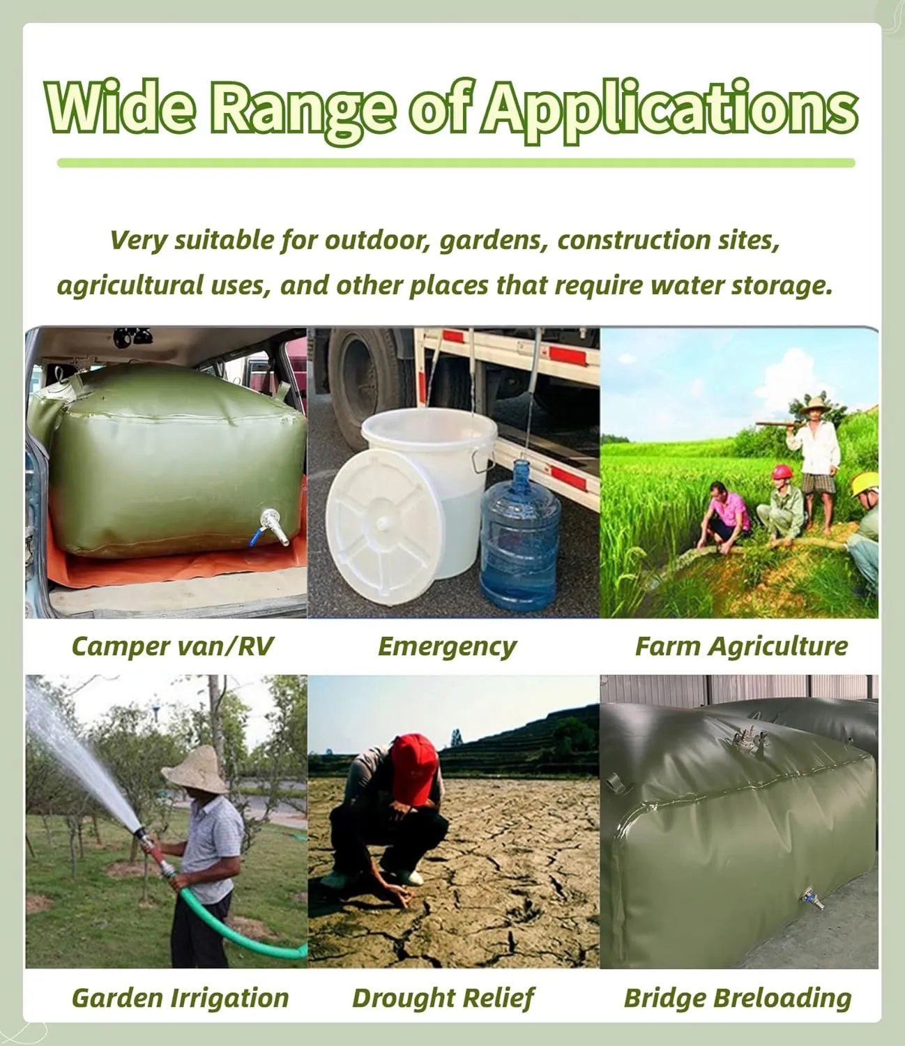 Water Tank Emergency Water Storage Containers for Camping Gardening Large Capacity Collapsible 100/200/500/800/1000 Gallon, Green(5000 L/1320 Gallon/2.5x2x1 m)