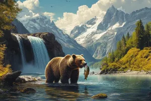 Waterfall Fishing Bear Jigsaw 500 Pieces, Vibrant Animal Jigsaw Puzzle, Challenging As Natural Home Decor and Gifts