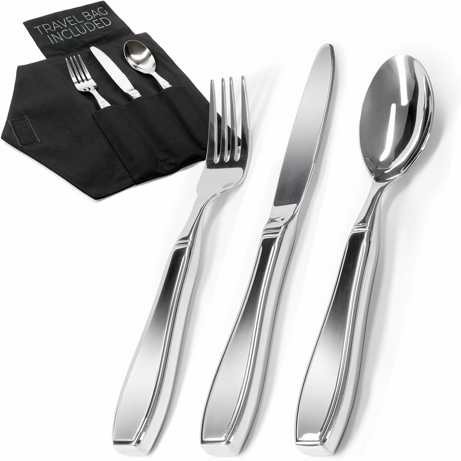Weighted Utensils for Hand Tremors and Parkinson's Patients - 3 Piece Set Weighted Silverware for Elderly, Arthritis, Weak Hand Grip - Convenient Travel Bag, Stainless Steel, 7 Oz