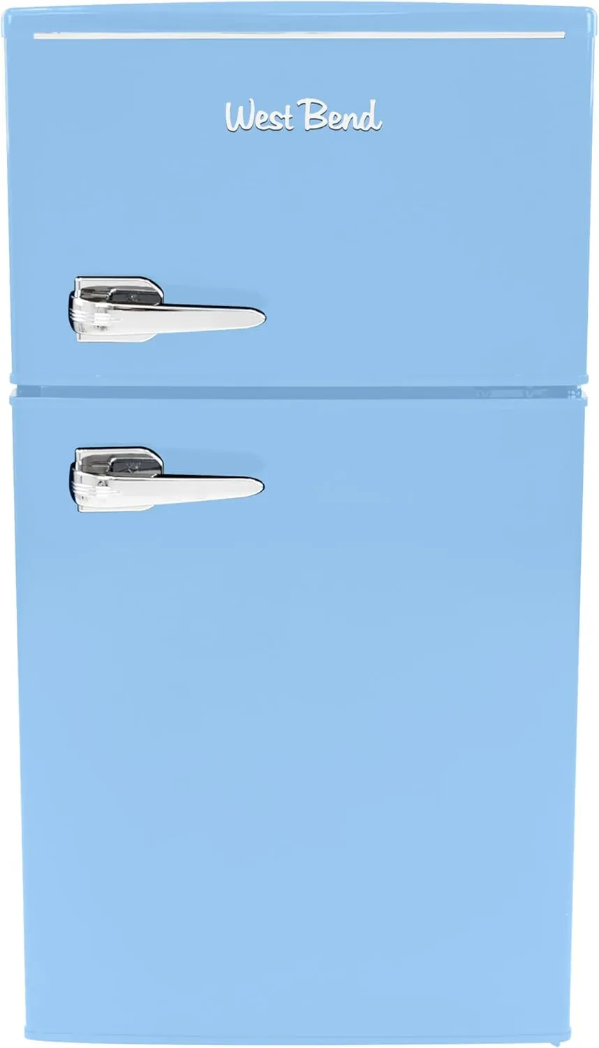 West Bend Mini Fridge with Freezer for Bedroom, Office, Bar or Dorm Room, Retro Compact Refrigerator features Glass Shelves, Manual Defrost and Adjustable Temperature Control, 3.1-Cu.Ft., Blue