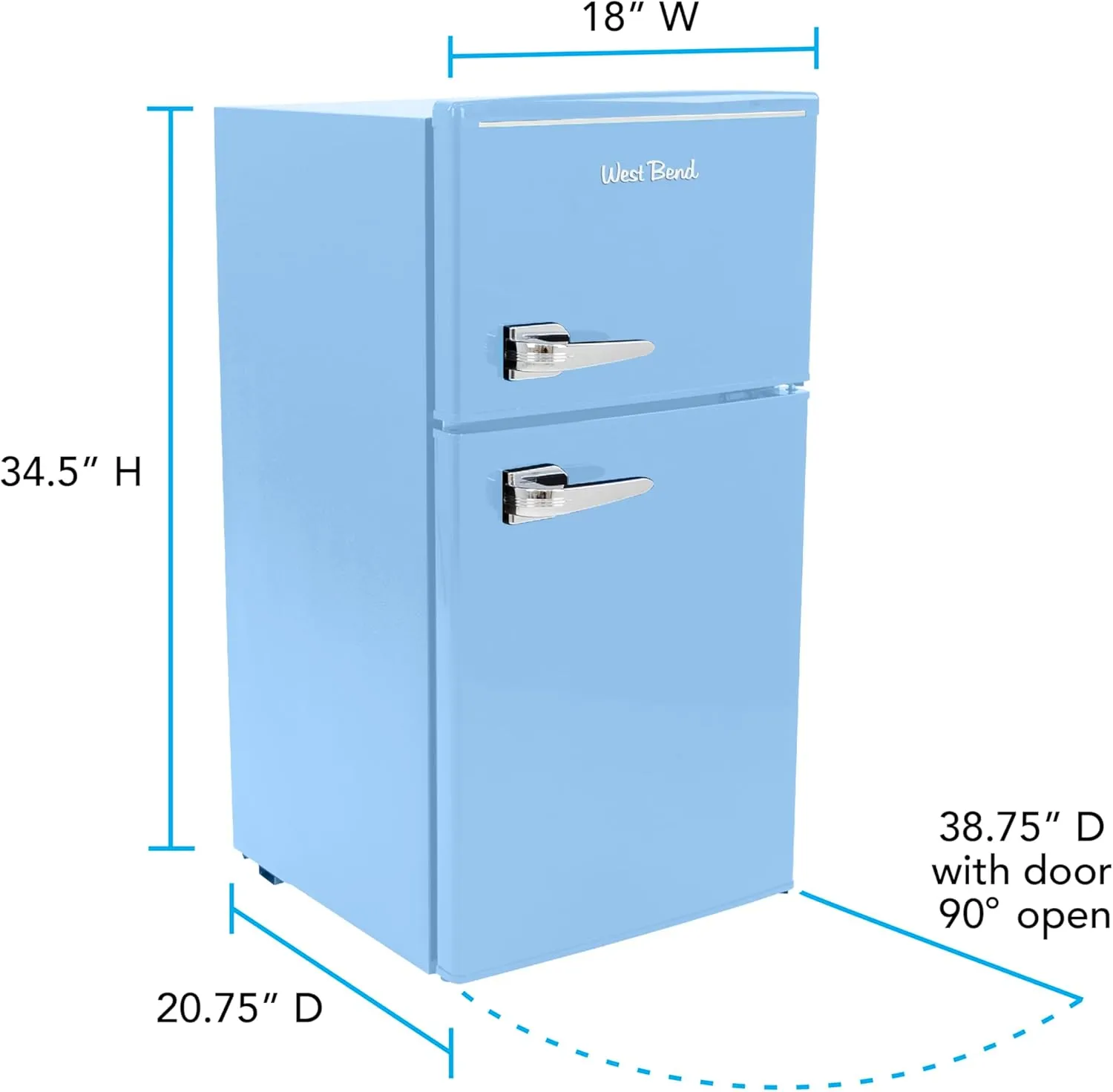West Bend Mini Fridge with Freezer for Bedroom, Office, Bar or Dorm Room, Retro Compact Refrigerator features Glass Shelves, Manual Defrost and Adjustable Temperature Control, 3.1-Cu.Ft., Blue