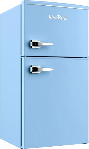 West Bend Mini Fridge with Freezer for Bedroom, Office, Bar or Dorm Room, Retro Compact Refrigerator features Glass Shelves, Manual Defrost and Adjustable Temperature Control, 3.1-Cu.Ft., Blue