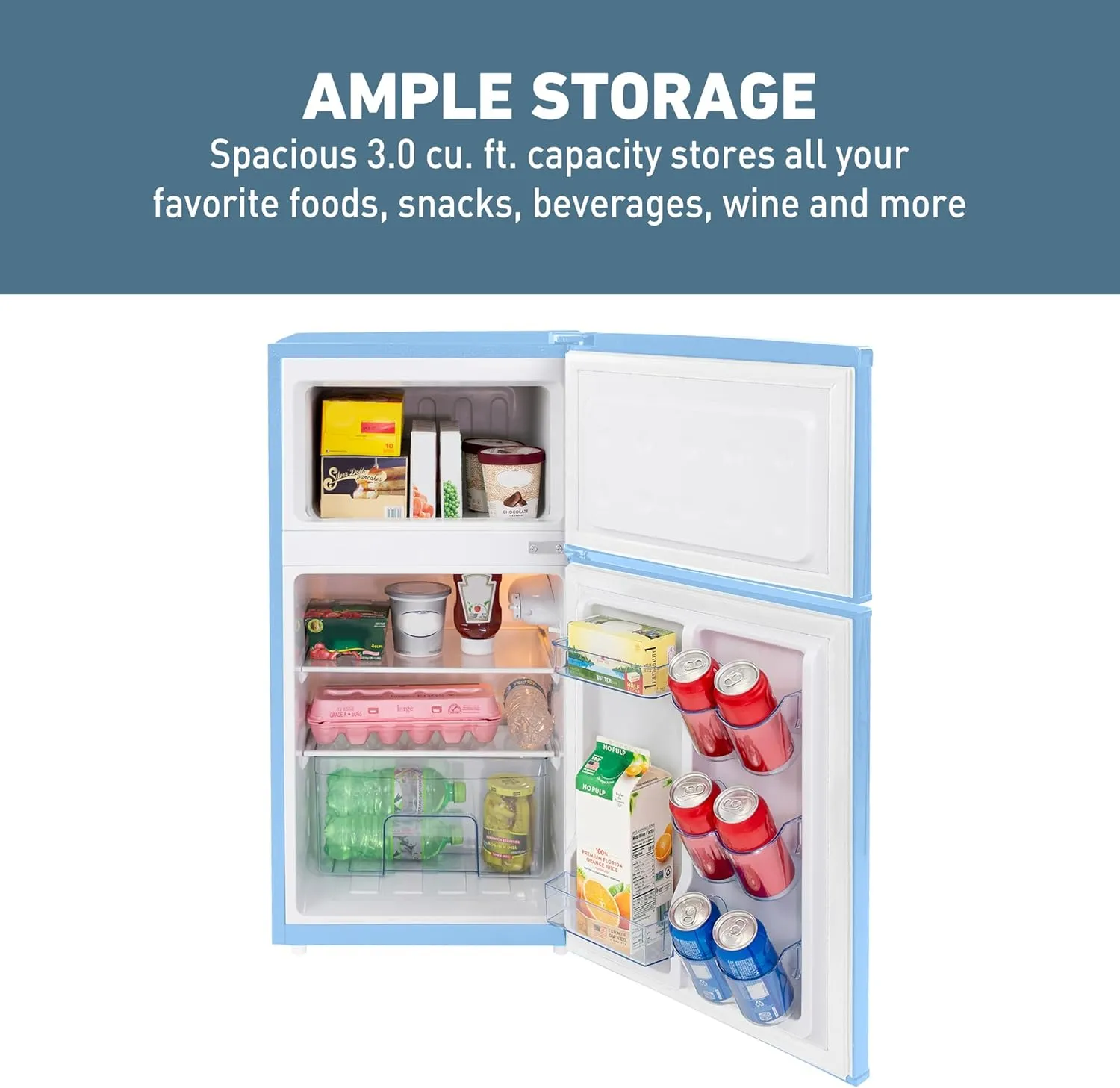 West Bend Mini Fridge with Freezer for Bedroom, Office, Bar or Dorm Room, Retro Compact Refrigerator features Glass Shelves, Manual Defrost and Adjustable Temperature Control, 3.1-Cu.Ft., Blue